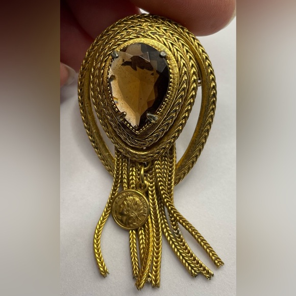 Vintage Signed Florenza Gold Tone Etruscan Revival Brooch Pin Topaz Crystal - Picture 4 of 11